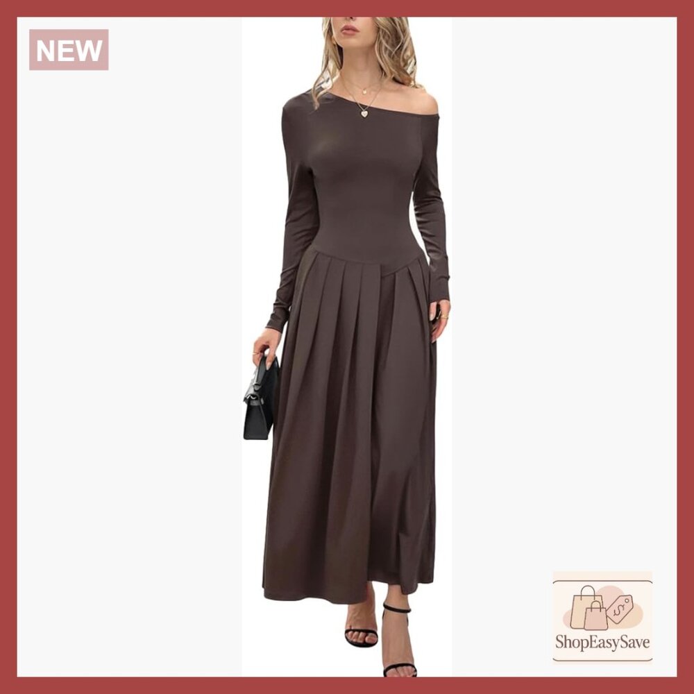Off Shoulder Long Sleeve Midi Dress Formal Cocktail Wedding Guest Evening Party